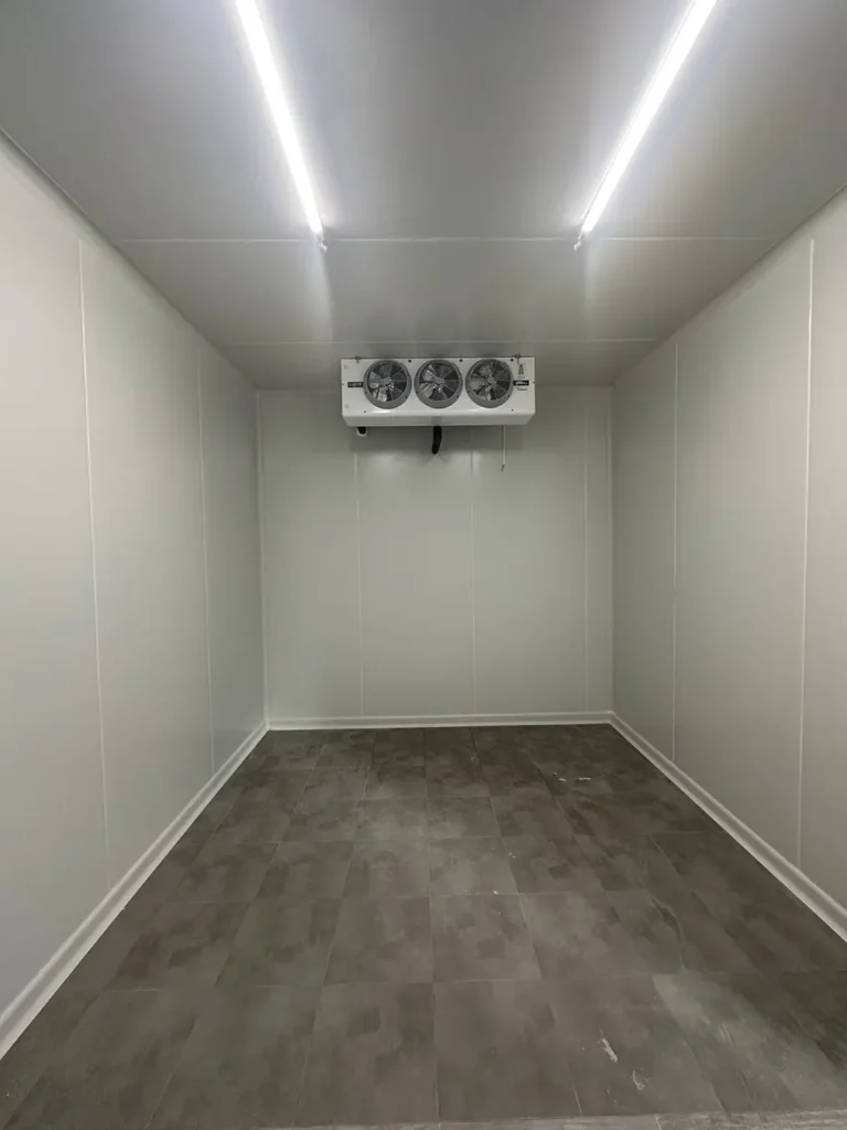 Βιομηχανικός ψυκτικός θάλαμος με σύστημα ψύξης οροφής, εγκατεστημένος σε επαγγελματικό χώρο από εξειδικευμένη ψυκτική εταιρεία.